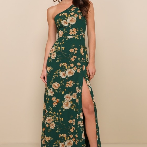 Lulus Dresses & Skirts - Lulus Elegant Admiration Emerald Green Floral One-shoulder Maxi Dress - Size M